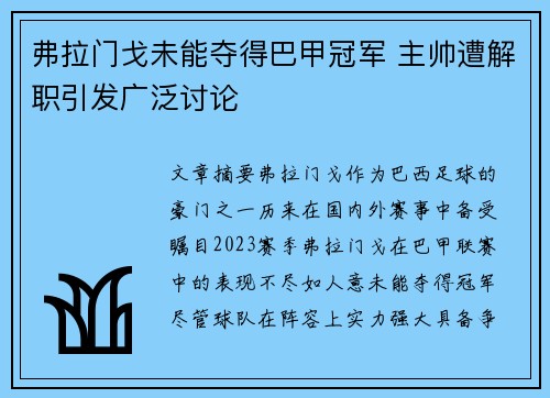 弗拉门戈未能夺得巴甲冠军 主帅遭解职引发广泛讨论