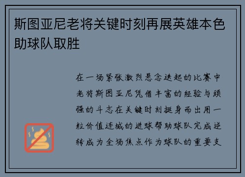 斯图亚尼老将关键时刻再展英雄本色助球队取胜