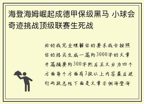 海登海姆崛起成德甲保级黑马 小球会奇迹挑战顶级联赛生死战