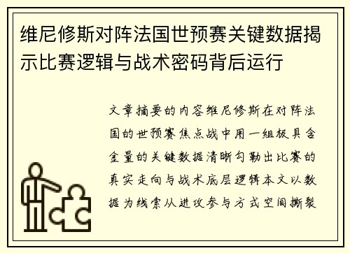 维尼修斯对阵法国世预赛关键数据揭示比赛逻辑与战术密码背后运行
